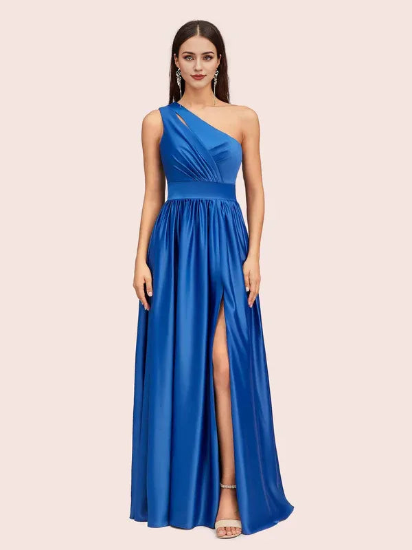 Robe Weitese unique, robe longue asymétrique à une épaule, fente latérale, satin doux, robes de bal plissées pour remise de diplôme